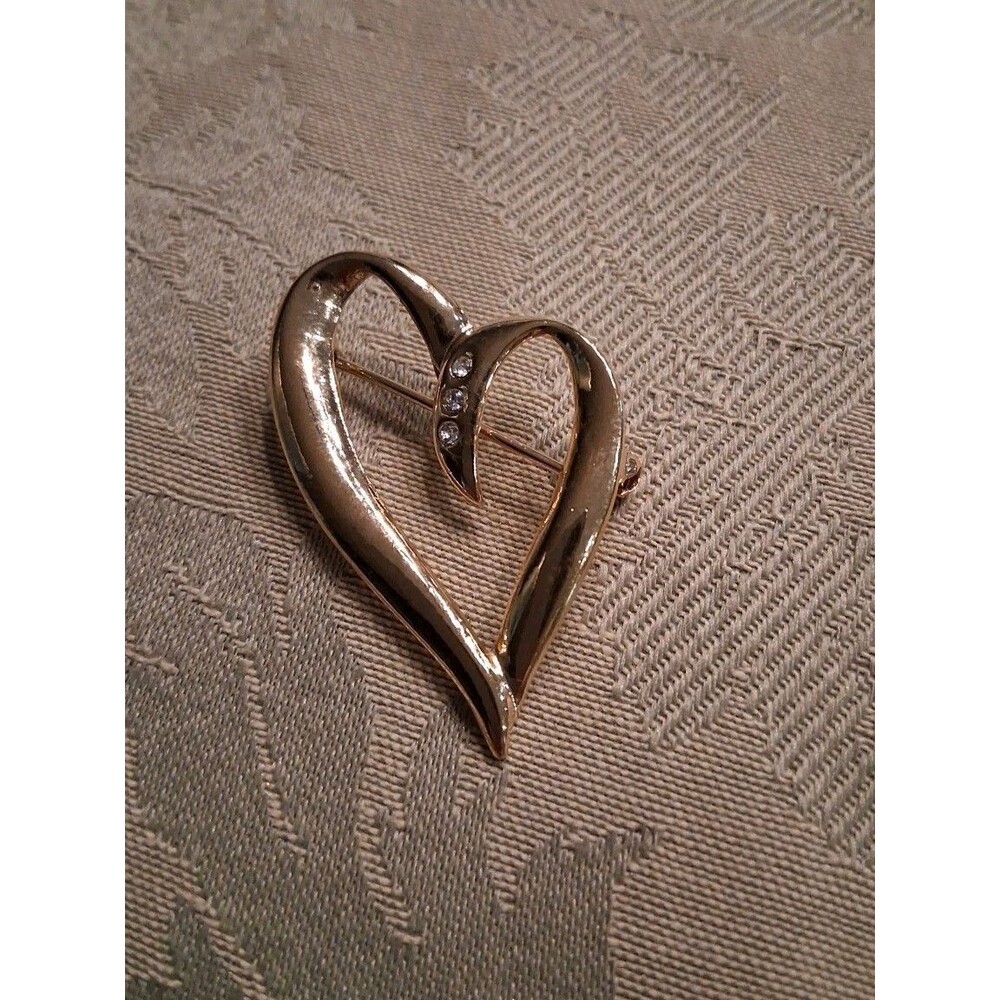 Pin Brooch Vintage Gold Tone Open Heart Three Clear Rhinestones 1.75" Valentines